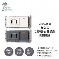 國際牌 Panasonic RISNA 系列 埋入式螢光燈開關 USB插座 2孔 組合 WTRF10726